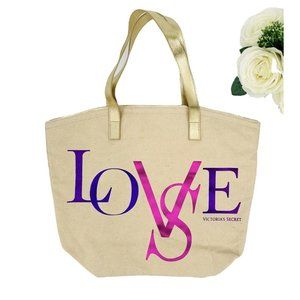 Vintage Victoria's Secret Love Tan Canvas Tote Handbag Beach Bag Metallic Logo